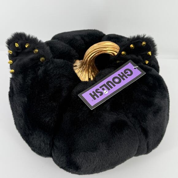 Halloween Faux Fur Black Gold Studs Cat Ears Plush Pumpkin 11" Thanksgiving Goth - Picture 2 of 6